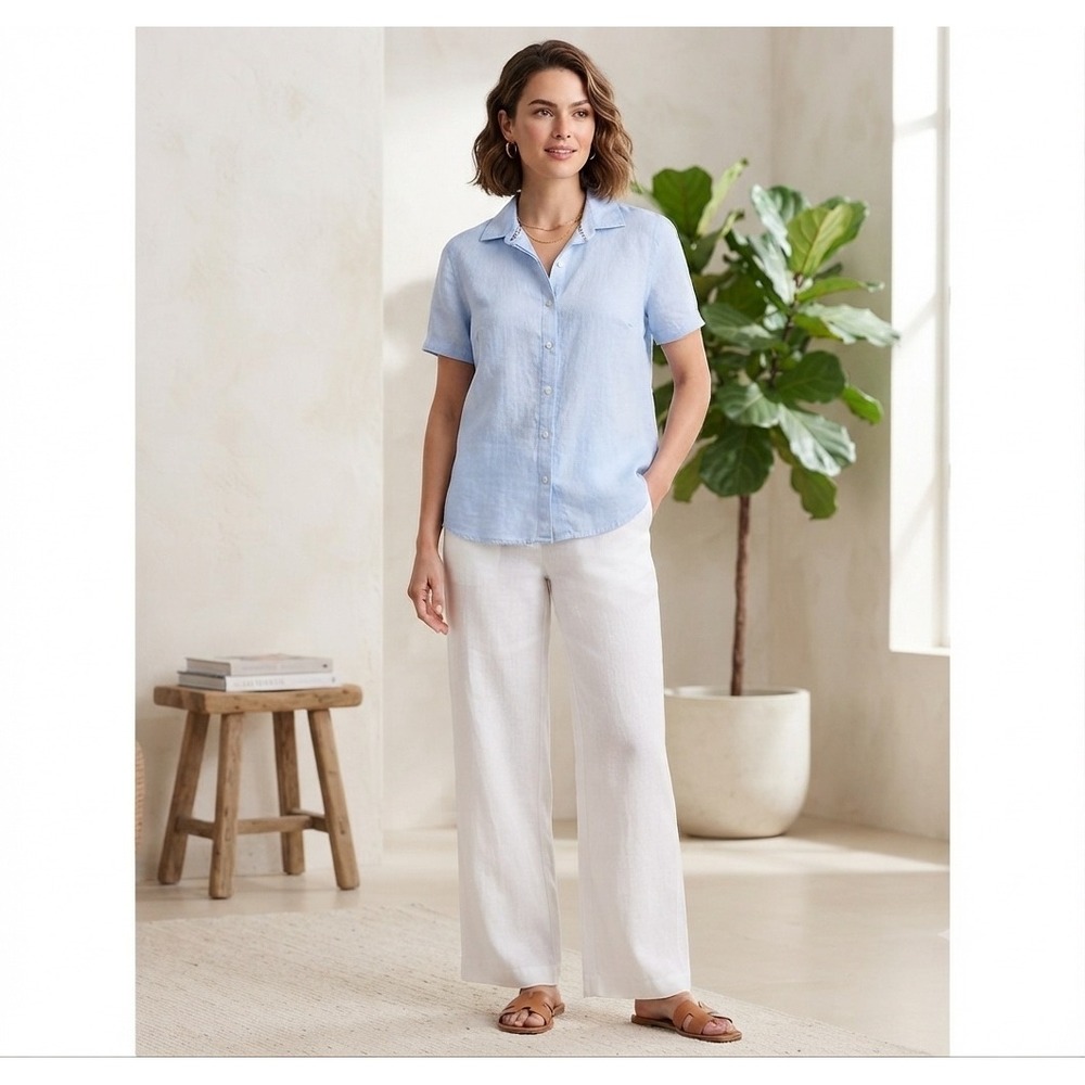 Lands' End Linen Short Sleeve Button Up Shirt Womens Large Light Blue